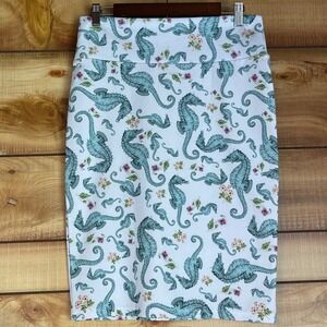 LuLaRoe Cassie Skirt Womens Medium White Seahorses Pencil Stretch Nautical Beach